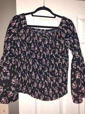 Express Black Floral Smocked Long-Sleeve Blouse